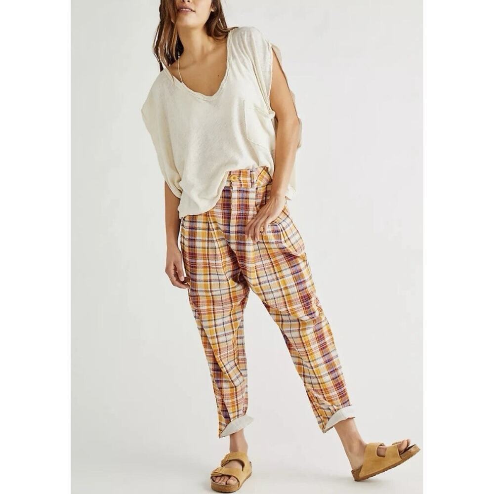 Free People Women's Make a Stand Plaid Trousers Mustard Combo Size Small